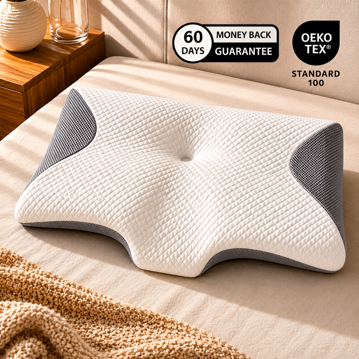 Ergonomic pillow on a bed with '60 Days Money Back Guarantee' and 'OEKO-TEX Standard 100' labels.