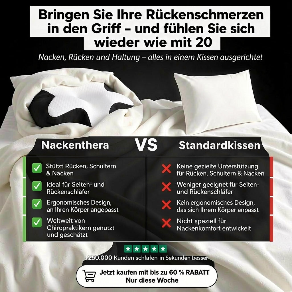 Comparison chart between Nackenthera pillow and standard pillow with text in German.