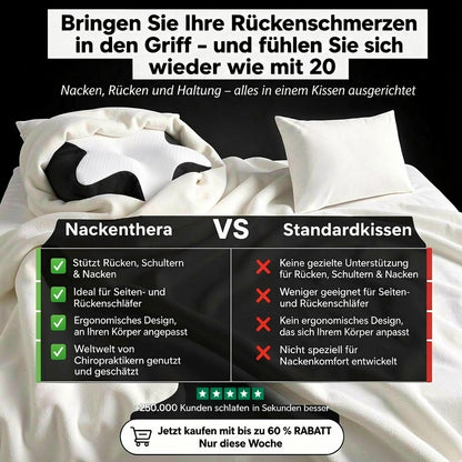 Comparison chart between Nackenthera pillow and standard pillow with text in German.