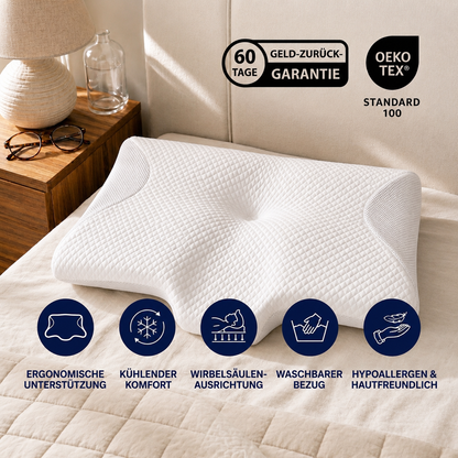 White pillow on a bed with product features and certifications displayed.