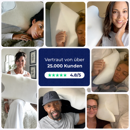 Collage of people using a pillow with a trust rating overlay.