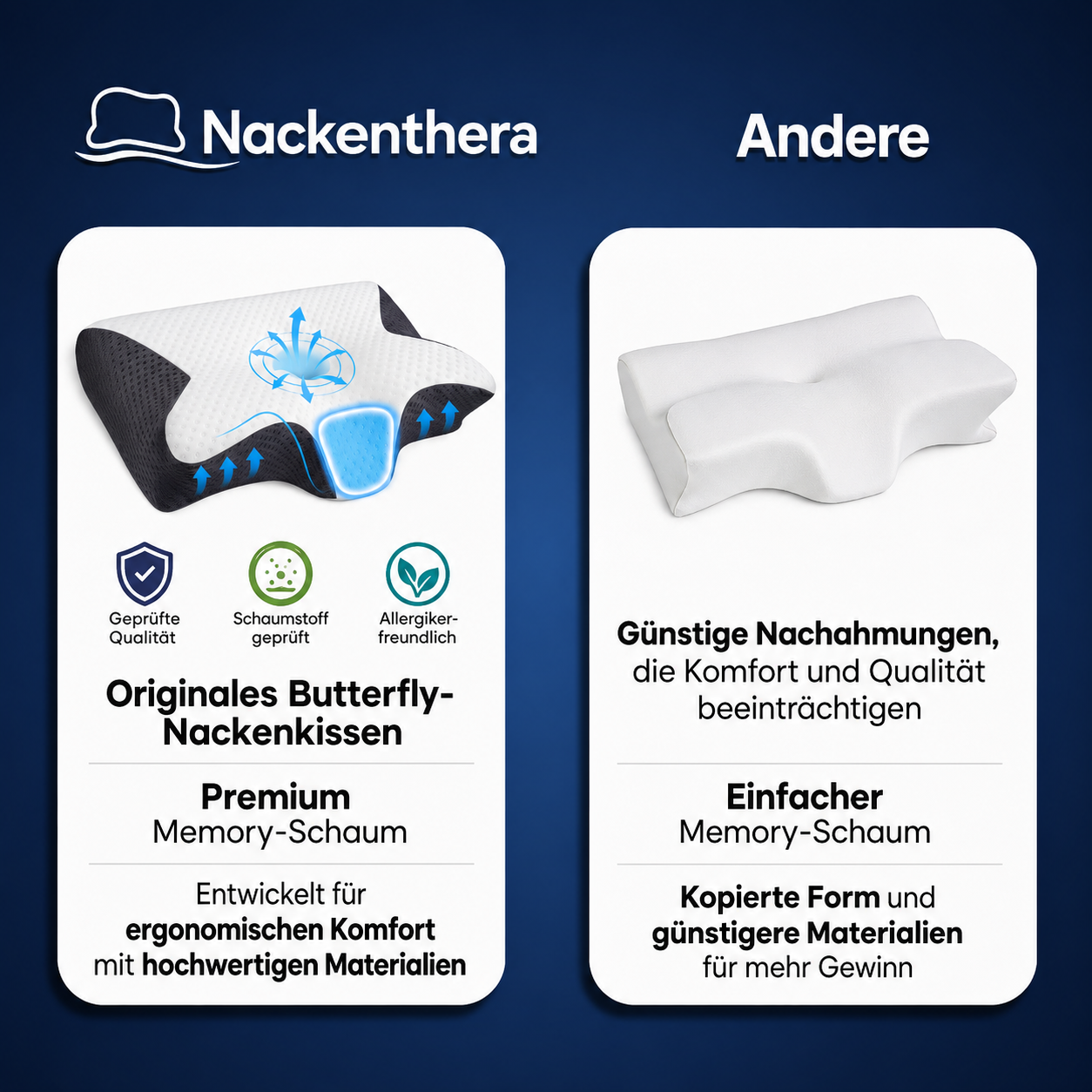 Comparison of Nackenthera Original Butterfly neck pillow with cheaper alternatives on a blue background.