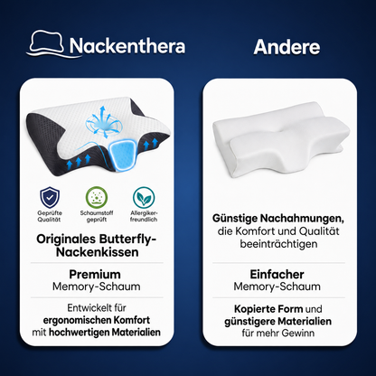 Comparison of Nackenthera Original Butterfly neck pillow with cheaper alternatives on a blue background.